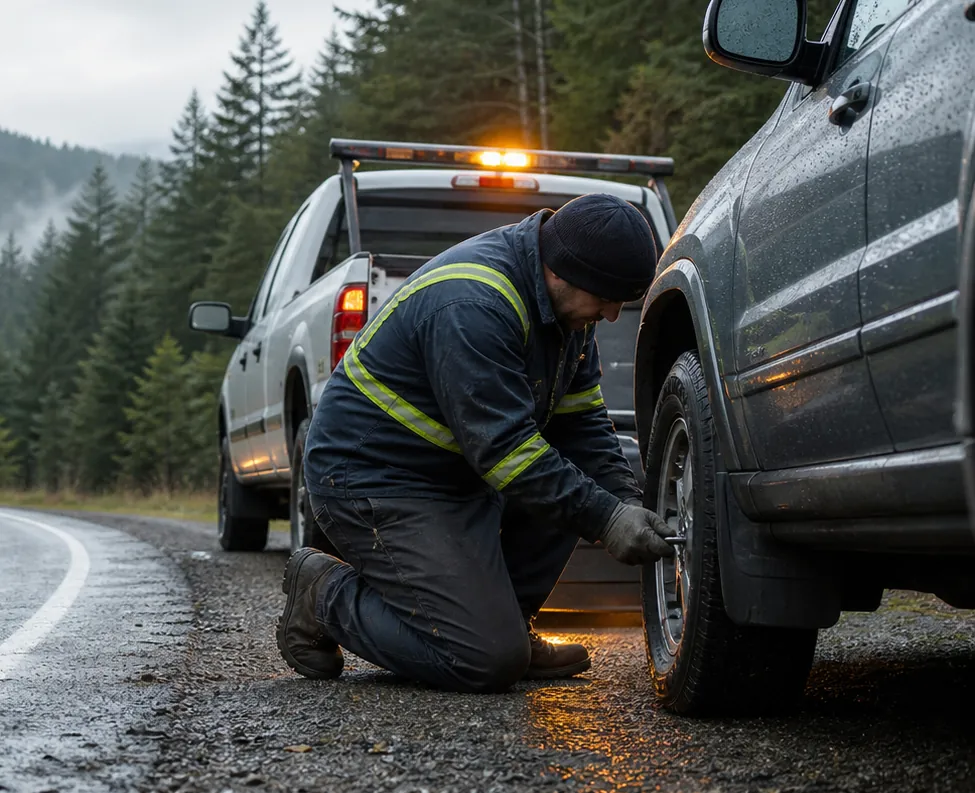 Roadside technician helping with a tire on a rainy Oregon road